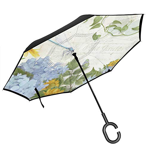 Paraguas invertido de doble capa con mango en forma de C, para casa de campo, vintage, floral, libélula, antiUV, impermeable, resistente al viento, para uso en exteriores