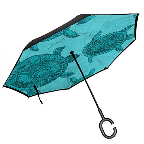 Paraguas invertido de doble capa con mango en forma de C, para la playa, la casa de la playa, la tortuga de mar, anti UV, resistente al agua, resistente al viento, paraguas recto para uso en el