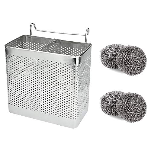 PERFETSELL Cesta Cubiertos Lavavajillas Porta Cubiertos de Acero Inoxidable Escurridor de Cubiertos Colgante Porta Cubiertos Metalico, Dos Compartimentos, 13x12,5x7cm para Cocina + 4 Bola de alambre