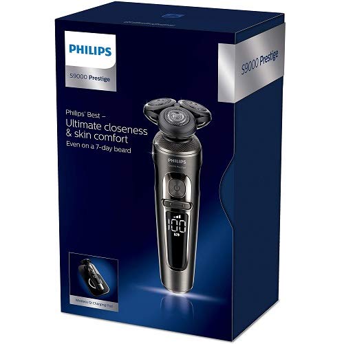 Philips Serie 9000 Prestige SP9863/14 - Afeitadora eléctrica para hombre con bandeja de carga Qi, sensor de densidad de barba, 3 modos, seco/húmedo, con perfilador de barba y funda premium, gris