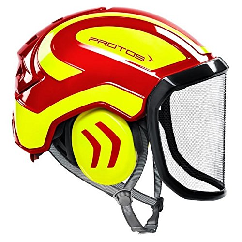 Protos Casco de seguridad integral con protección auditiva, equipamiento: visera fina, color: rojo/amarillo.
