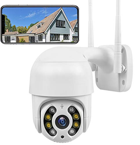 PTZ Camara Vigilancia, Camara WiFi Exterior Impermeable IP66 con Audio de Dos Vías, Visión Nocturna, Detección de Movimiento, App Alarma, 320° Pan/90° Tilt