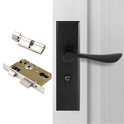 Qrity Manilla para puerta (color negro), cerradura de palanca europea, cerradura de 2 palancas, cilindro, 3 llaves de cobre, aleación de zinc