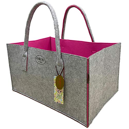 RAIKOU sintió compras lavables, bolsa de chimenea, canasta de madera pesada canasta de periódico percha de bolsa de compras para jardín de juguetes picnic playa (Gris/rosa，50x34x27cm)