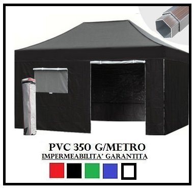 RAY BOT Cenador plegable negro aluminio hexagonal 40 mm 3 x 4,5 + 4 lonas laterales PVC 350 g metro