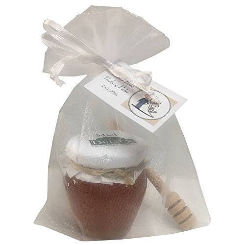 Recuerdo de tarro de miel orcio y palito catador en bolsa de organza (Pack 24 ud)