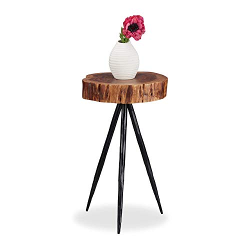 Relaxdays, 50 cm de Alto Mesa Auxiliar Tronco de Madera Maciza, Mango-Metal, Marrón Natural-Negro