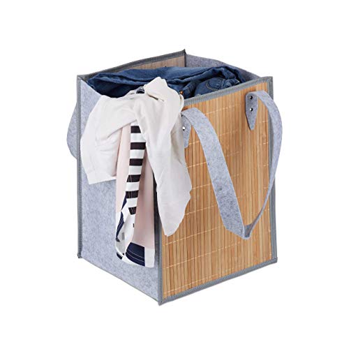 Relaxdays Cesto Ropa Sucia Plegable Multiusos con Asas, Bamboo, Marrón/Gris, 45 x 35 x 32 cm