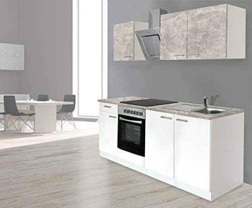 Respekta Bloque de cocina empotrable en esquina de cocina, 210 cm, color blanco hormigón óptico, incluye placa de cocción suave