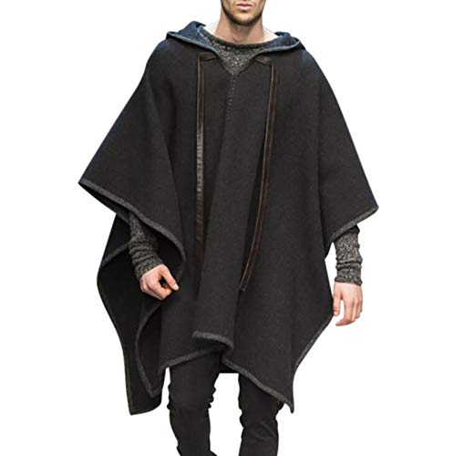 Ropa cómoda para el hogar para Hombres, Abrigo para la casa, Poncho de Lana con Cuello en V, Abrigo con Dosel, Chal con Capucha, Dobladillo Irregular (Color : Black, Size : L)