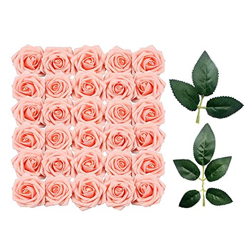 Rosas Artificiales - 50 Pcs Flores Espuma Rosa con 10 Hojas Verdes, Flor Artificial para Decoración de Bodas, Ramilletes, Fiestas, Manualidades, Baby Shower, Centro de Mesa Decoración Arreglo Floral
