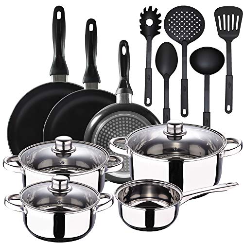 San Ignacio Batería 7 piezas Cassel, 5 Utensilios de cocina y Set 3 sartenes Ø16/Ø20/Ø24 cms negro, aluminio prensado, antiadherente, inducción San Ignacio Batería 7 piezas Cassel, 5 Utensilios de cocina y Set 3 sartenes Ø16/Ø20/Ø24 cms negro, aluminio prensado, antiadherente, inducción