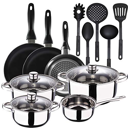 San Ignacio Batería 7 piezas Cassel, 5 Utensilios de cocina y Set 3 sartenes Ø16/Ø20/Ø24 cms negro, aluminio prensado, antiadherente, inducción