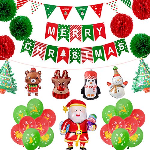 Set de 32 Merry Christmas Decoración de Fiesta de Navidad, Kit de Globos de Decoraciones navideñas,Globos Decoración de Fiesta de Navidad, Feliz Navidad/Papá Noel/Árbol de Navidad/Ciervo