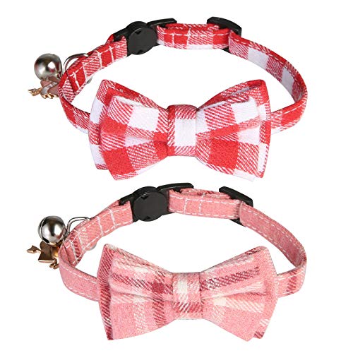 SLSON Collar para gatos de 2 piezas, decoración collar para gatos, campana Bowknot de San Valentín, collar ajustable con hebilla de seguridad y bonito colgante de amor para gatos y gatos, rojo y rosa