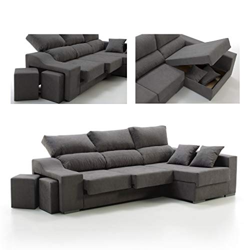 Sofá Chaise Longue Loki Derecha 4 Plazas Gris Marengo Sistema Easy-Clean Arcón 2 Puffs Asientos Extensibles Tejido Desenfundable (Envío y Subida a Domicilio Incluidos)