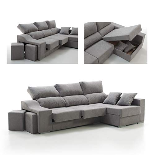 Sofá Chaise Longue Loki Derecha 4 Plazas Gris Perla Sistema Easy-Clean Arcón 2 Puffs Asientos Extensibles Tejido Desenfundable (Envío y Subida a Domicilio Incluidos)