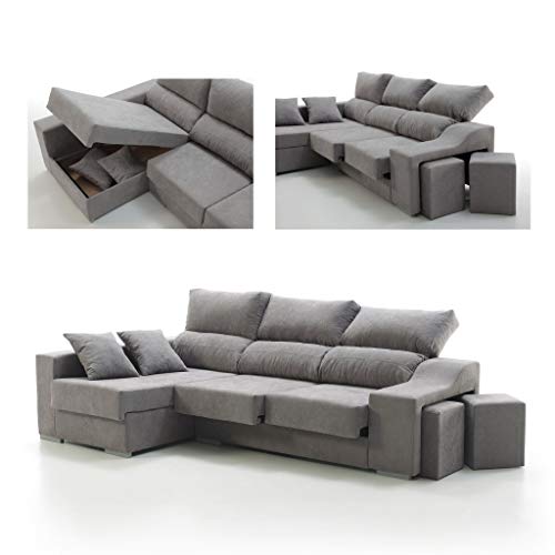 Sofá Chaise Longue Loki Izquierda 4 Plazas Gris Perla Sistema Easy-Clean Arcón 2 Puffs Asientos Extensibles Tejido Desenfundable (Envío y Subida a Domicilio Incluidos)