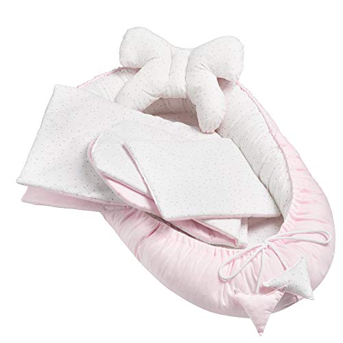 Solvera_Ltd Juego de 5 piezas para bebé, incluye nido de 90 x 50 cm, cojín plano extraíble, manta para gatear, cojín de mariposa, 100% algodón, diseño de estrellas, color rosa