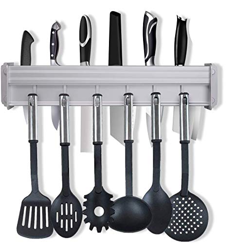 Soporte Cuchillos, Colgador Utensilios Cocina con 7 Ganchos, Soporte Utensilios Cocina con Pegamento Patentado, Aluminio, Acabado Mate, 40CM (Plata)