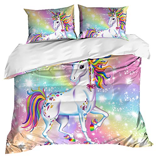 Stillshine Ropa de Cama Infantil Niña 180 x 220 3D Dibujos Animados Animal Unicornio Arcoiris Patrón Imprimiendo Funda nórdica y Funda de Almohada Estudiante Juventud Cama Individual