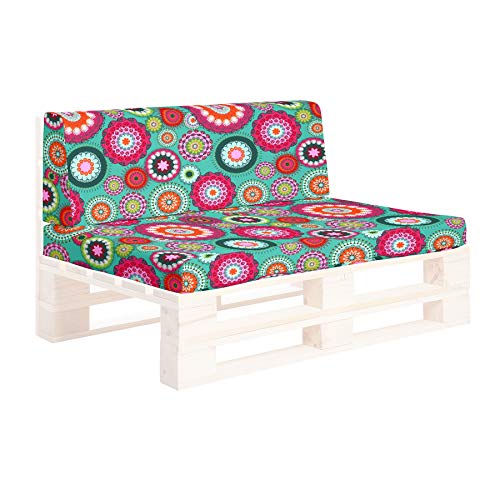 SUENOSZZZ-ESPECIALISTAS DEL DESCANSO Conjunto Asiento y Respaldo para Sofas de palets, Cojines Chill out Rellenos con Espuma y enfundados en Tela Estampada Mandala Turquesa