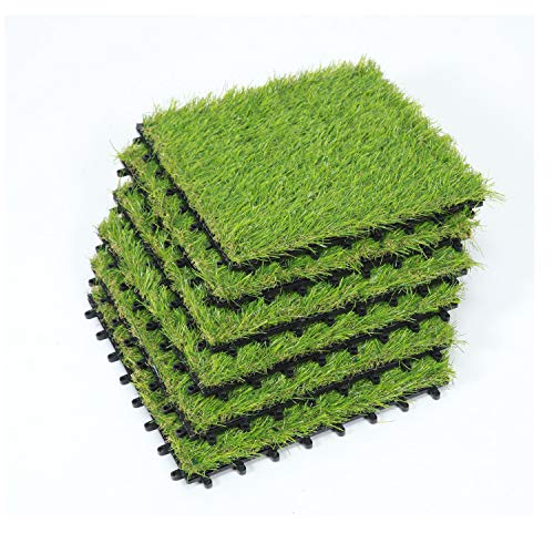 SUMC Césped baldosas conjunto de 6 piezas Césped artificial clic baldosas hierba artificial para decoración de interior/exterior, 12×12 Inch (6 Packs)