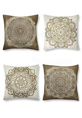 SUMGAR Fundas de cojín Mandala de café beige Fundas de cojín de boho Algodón Lino marrón indio Fundas de almohada decorativas de bohemio para sala de estar Sofá cama Coche 45x45cm Paquete de 4