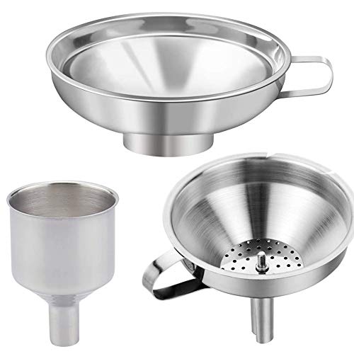 Suprcrne Set de embudos de Cocina, 3 Piezas Acero Inoxidable Embudos de Cocina con Colador Desmontable para Líquido Polvo Frijol Mermelada Aptas para el Lavavajillas