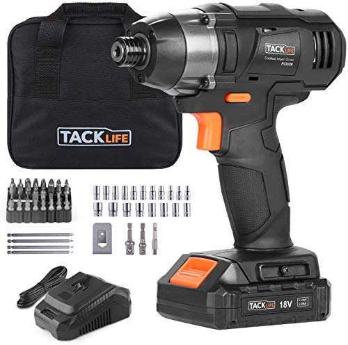 TACKLIFE 18V Atornillador de Impacto, Par Máximo 180Nm, 2.0 Ah, Tasa de Impacto de 3600, 2800 RPM, Portabrocas de 6.35 mm, Cargador Rápido 1 H, Luz de Trabajo LED, Bolsa de Herramienta PID02B