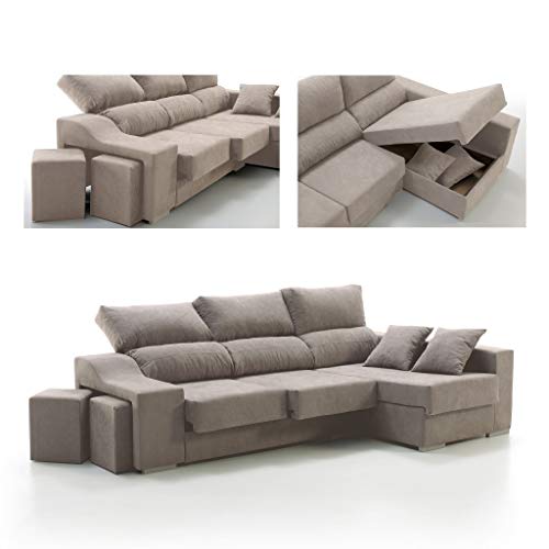 Tanuk Sofá Chaise Longue 4 Plazas Beige Crudo Sultan Derecha 260x150 Asientos Extensibles Arcón y 2 Puffs Desenfundable Sistema de Limpieza ACUALINE (Envío y Subida a Domicilio Incluidos)