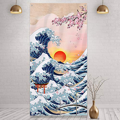 Tapiz de Pared Colgante de Kanagawa Japonés Banner de Puerta de Foto de Gran Ola Fondo de Naturaleza de Arte de Flor de Cerezo Puesta de Sol para Adorno de Hogar Fiesta Japonesa, 6 x 3 Feet