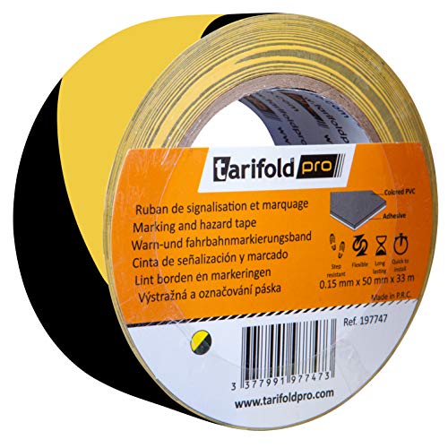 Tarifold 1 Cinta Adhesiva Suelo, Señalización, Seguridad, color Amarillo y Negro-Rollo 50mm x 33m, 50 mm x 33 M