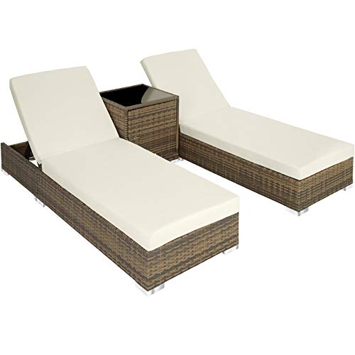 TecTake 800153 2X Tumbona Chaise Longue de Aluminio Poli Ratán + Mesa de Jardín + 2 Set de Fundas Intercambiables + Funda Completa (Natural | No. 403771)