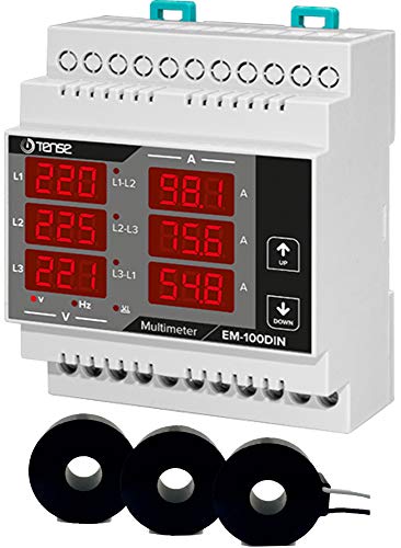 Tense Elektronik EM-100DIN - Multímetro para medición de corriente (1A-100A), tensión y frecuencia en redes trifásicas - carril DIN digital
