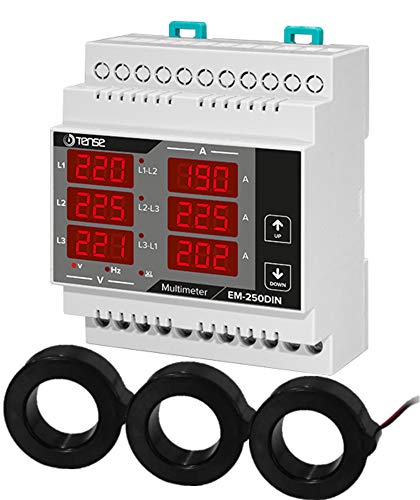 Tense Elektronik EM-250DIN - Multímetro para medición de corriente (2A-250A), tensión y frecuencia en redes trifásicas - carril DIN digital gris, negro, rojo