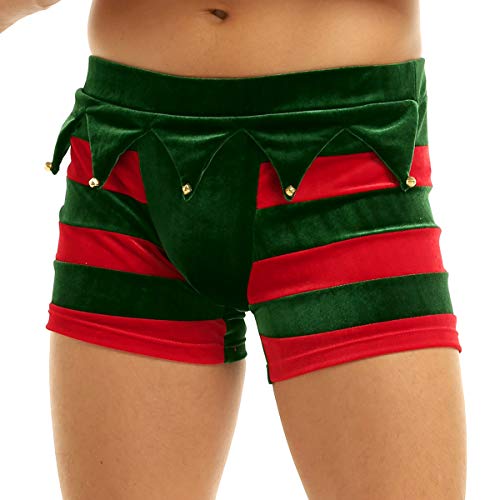 TiaoBug Disfraz Navidad de Duende Pantalones Cortos Rayados de Verde Rojo Boxer Ropa Interior Sexy con Campanillas Rojo M