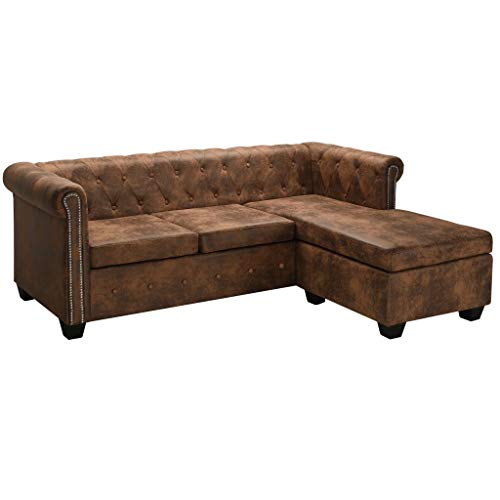 Tidyard Sofá Chesterfield Sillón Chester para Sala Comedor Oficina en Forma L de Piel Artificial de Ante marrón