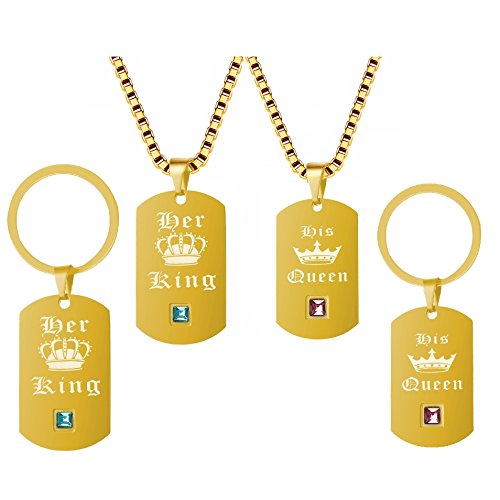 Uloveido Chapado en oro Su reina y su rey Parejas a juego Llavero y collar colgante Conjunto de joyas para regalo de aniversario SN138