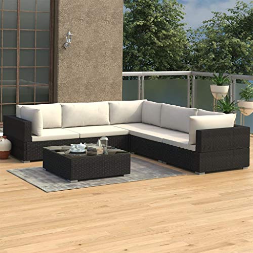 UnfadeMemory Set de Sofás de Jardín Exterior con Cojines,3 Sofás de Esquina+2 Sofás Centrales+1 Mesa de Centro,Muebles de Jardín Terraza Balcón o Patio,Ratán Sintético,Marco de Acero,Negro y Crema