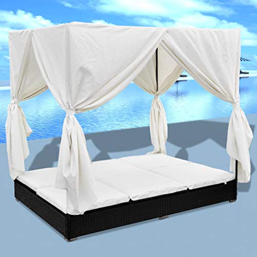 UnfadeMemory Tumbona Doble Jardin Ratán con Cortinas y Cojines,Tumbona Cama,Tumbona Chaise Longue,Muebles de Jardín o Playa,Ratán Sintético,197x140x180cm (Negro y Blanco Crema)