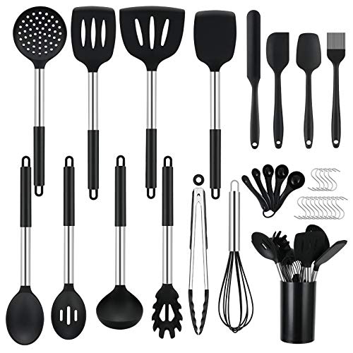 Utensilios de Cocina, WisFox 17 Piezas Resistente al Calor y Antiadherente Utensilios Cocina de Silicona y Acero Inoxidable, 15pcs Ganchos