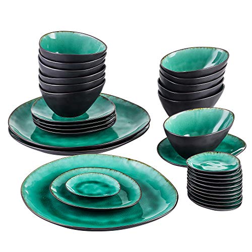 vancasso Serie Coco Juego de Vajillas Esmaltadas Gres Vajilla Irregular de 33 Piezas Verde Agua, para 12 Personas, 12 Cuencos 12 Plato de Salsa, 6 Platos y 3 Plato Grande