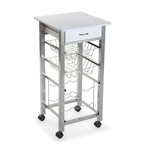 Versa Perth Carro verdulero Blanco de Cocina y botellero con cajón y cestas con 4 Ruedas, Metal, PVC y Madera MDF, 82 x 40 x 40 cm Versa Perth Carro verdulero Blanco de Cocina y botellero con cajón y cestas con 4 Ruedas, Metal, PVC y Madera MDF, 82 x 40 x 40 cm