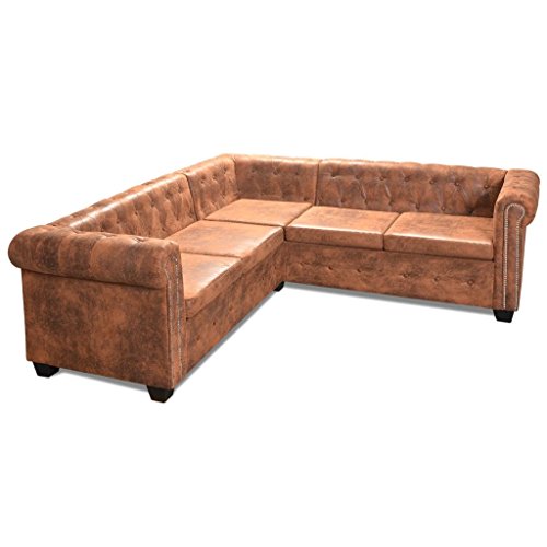 vidaXL Sofá Chesterfield 5 Plazas Lujoso Cuero Artificial Marrón Sillón Esquina