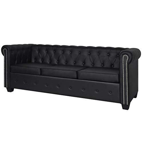 vidaXL Sofá Tipo Chesterfield Negro 3 Plazas Revestimiento de Cuero Artificial vidaXL Sofá Tipo Chesterfield Negro 3 Plazas Revestimiento de Cuero Artificial