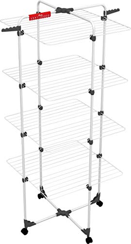 Vileda Mixer 4 - Tendedero vertical de torre de acero, 40 metros de espacio de tendido, 4 rejillas, soporte para ropa pequeña y perchas, dimensiones abierto 169 x 71 x 71 cm, color blanco