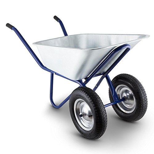Waldbeck Heavyload Carretilla de Jardín Acero Azul (volumen 120 lt, capacidad max 320 kg, eje delantero con 2 ruedas, platón de acero galvanizado, empuñadora de goma)