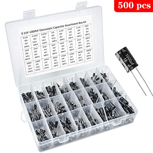 Wandefol 500pcs 25 Valores Kit de Transistores, Condensadores Electrolíticos Gama 0.1uF-1000uF, Caja de Surtido de Transistores NPN/PNP 10V-50VAccesorio de Bricolaje