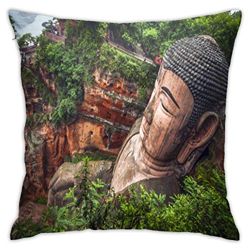 WH-CLA Fundas Cojín,Estatua De Buda En Leshan Throw Pillow Case Suave Protectora De Almohada Decorativa Almohada Cubierta para Coche Sofá Cama,45x45 cm